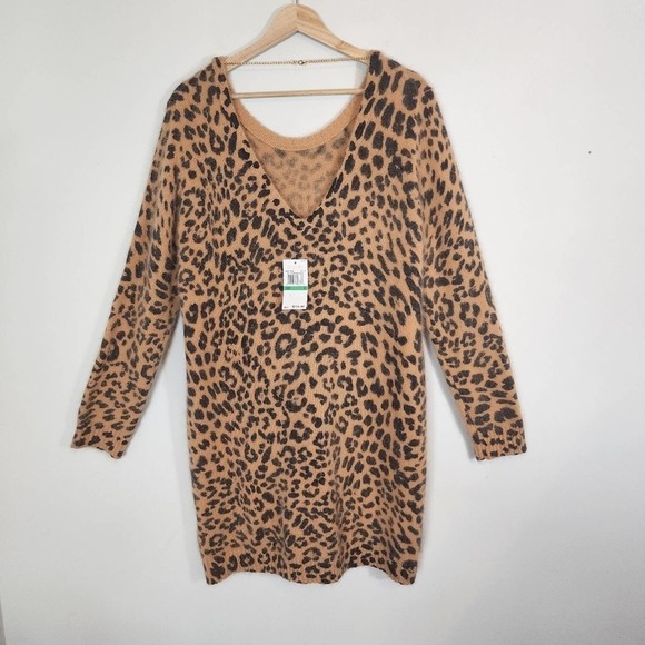 NWT Michael Kors Animal Leopard Print Angora Blend Sweater V Neck Dress SZ Large - Picture 6 of 9